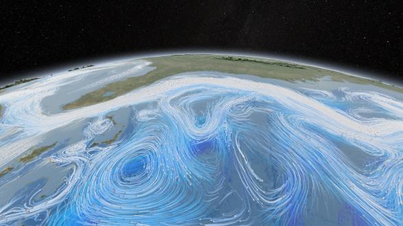 The global ocean circulation system and the circulation system of the atmosphere are changing due to global warming. This NASA illustration shows a complex pattern of large and minor surface currents.