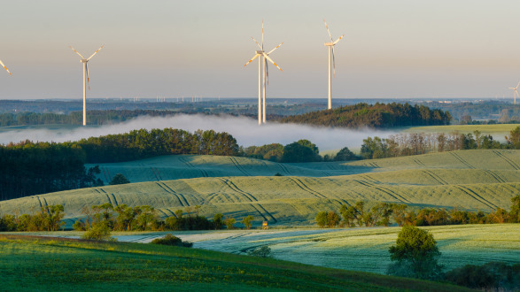 Felder, Wälder, Windräder: eine Landschaft in Brandenburg. 